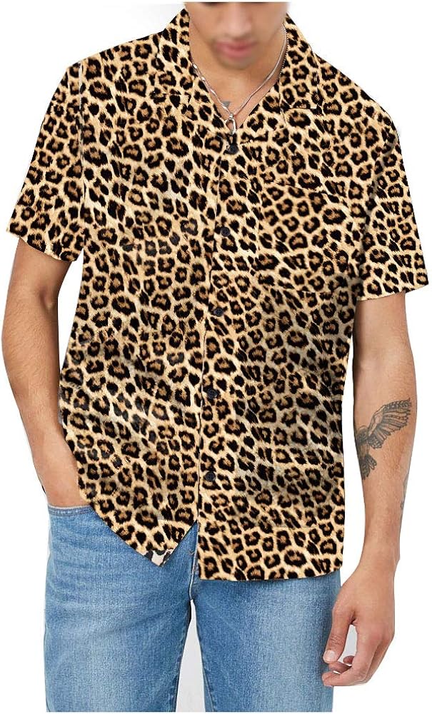 Men's Short Sleeve Shirts 3D Leopard Print Button Down Casual Tropical Shirts for Men Beach Hawaiian Aloha Shirt