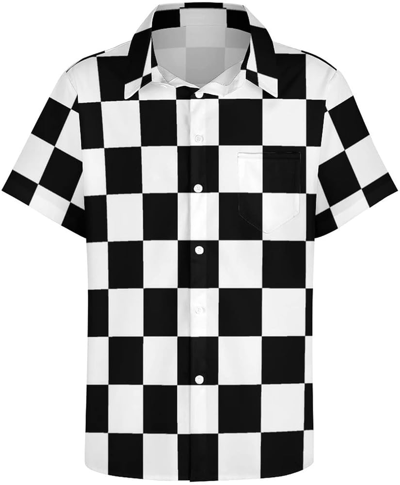 Black White Race Checkered Flag Pattern Men's Short Sleeve Casual Loose Button Down Shirt Hawaiian Beach Shirt