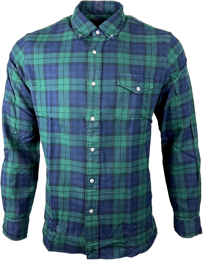 POLO RALPH LAUREN Men's Classic Fit Performance Flannel Button Down Long Sleeve Shirt (XXL,Navy & Green)