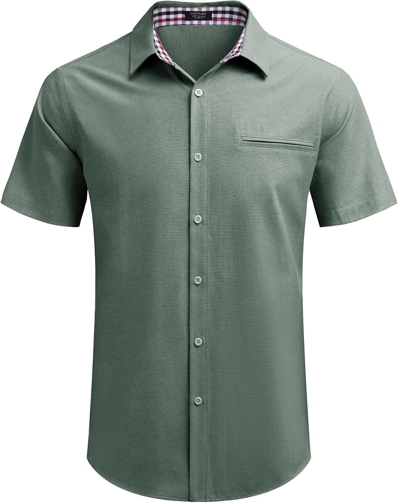 COOFANDY Men's Casual Short Sleeve Dress Shirt Plaid Collar Button Down Shirt Army Green