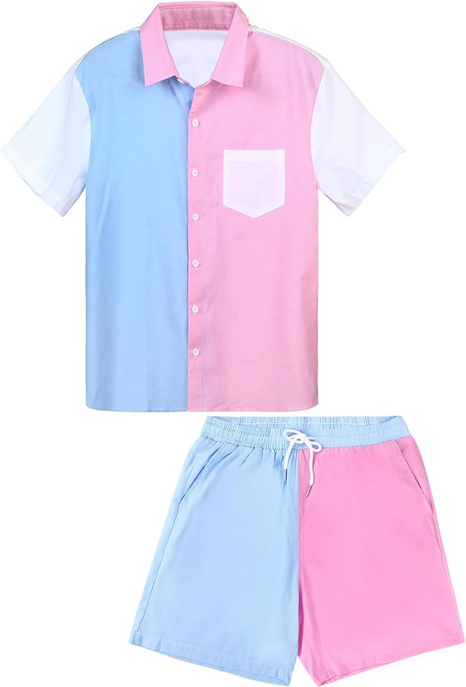 Shirt Tops and Colorblock Shorts Set Gender Reveal Outfit Mens Gender Reveal Shirt Pink and Blue Button Down Shirt Men