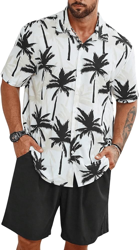 Men's Plus Size 2 Pieces Outfit Tropical Print Button Down Shirt and Drawstring Waist Shorts Sets