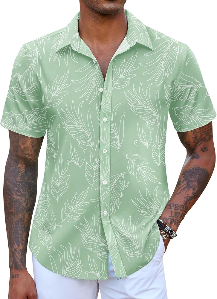 COOFANDY Men's Hawaiian Shirt Short Sleeve Tropical Shirts for Men Beach Shirt Resort Wear Light Green