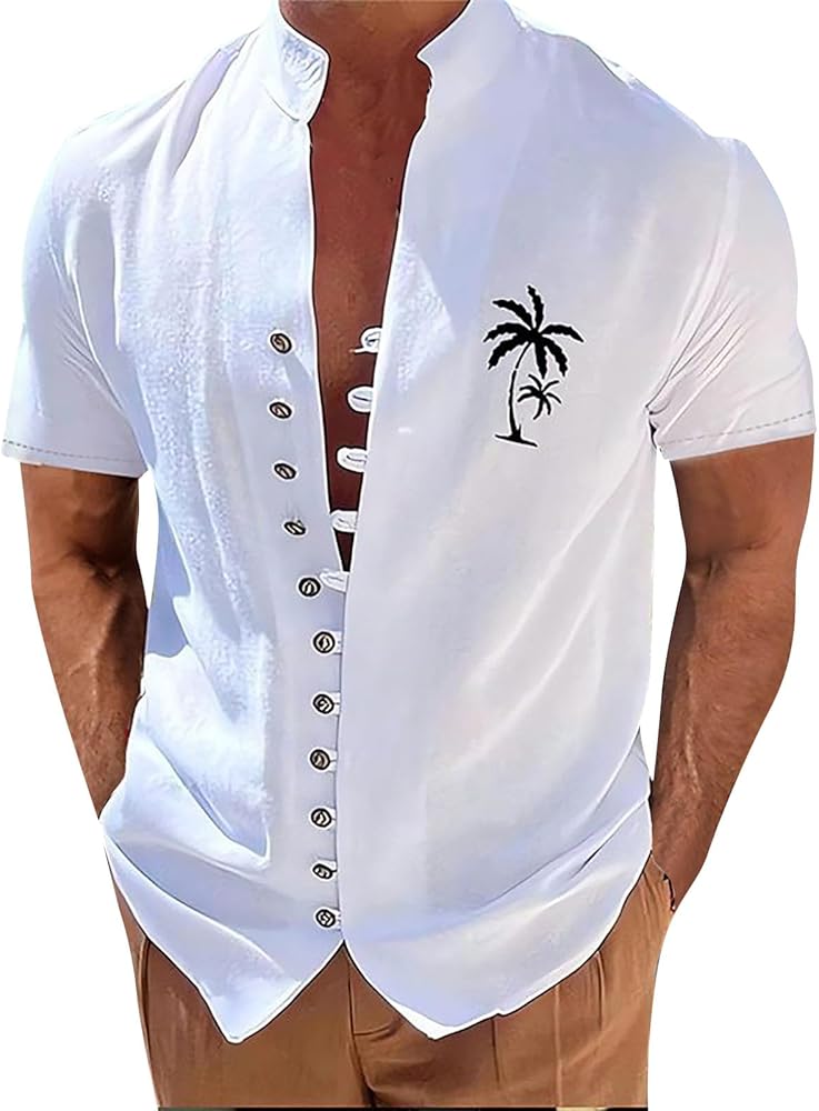 Mens Hawaiian Tropical Shirts Coconut Tree Print Short Sleeve Button Down Summer Beach Tops Fashion Textured Big&Tall