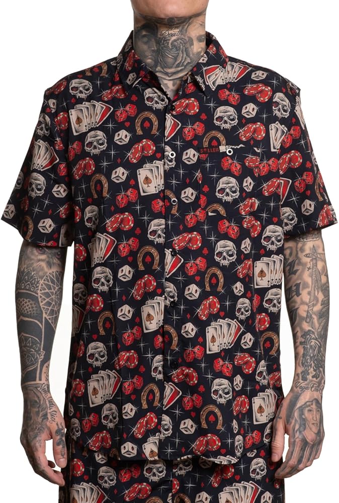 Sullen Men's Tough Luck Beach Style Button Down Graphic Tattoo Lifestyle Woven Short Sleeve Lightweight Shirt