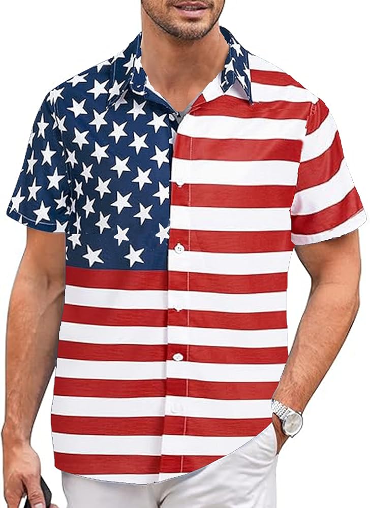 American Flag Shirts for Men,Short Sleeve Button Down Patriotic Shirts 4th of July Shirts for Men