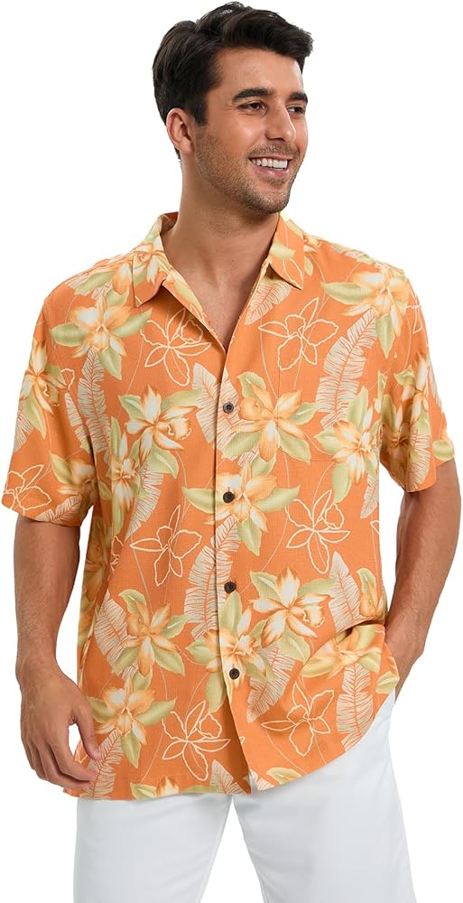 Men's Hawaiian Floral Shirts Silk and Cotton Button Down Casual Tropical Holiday Beach Shirts