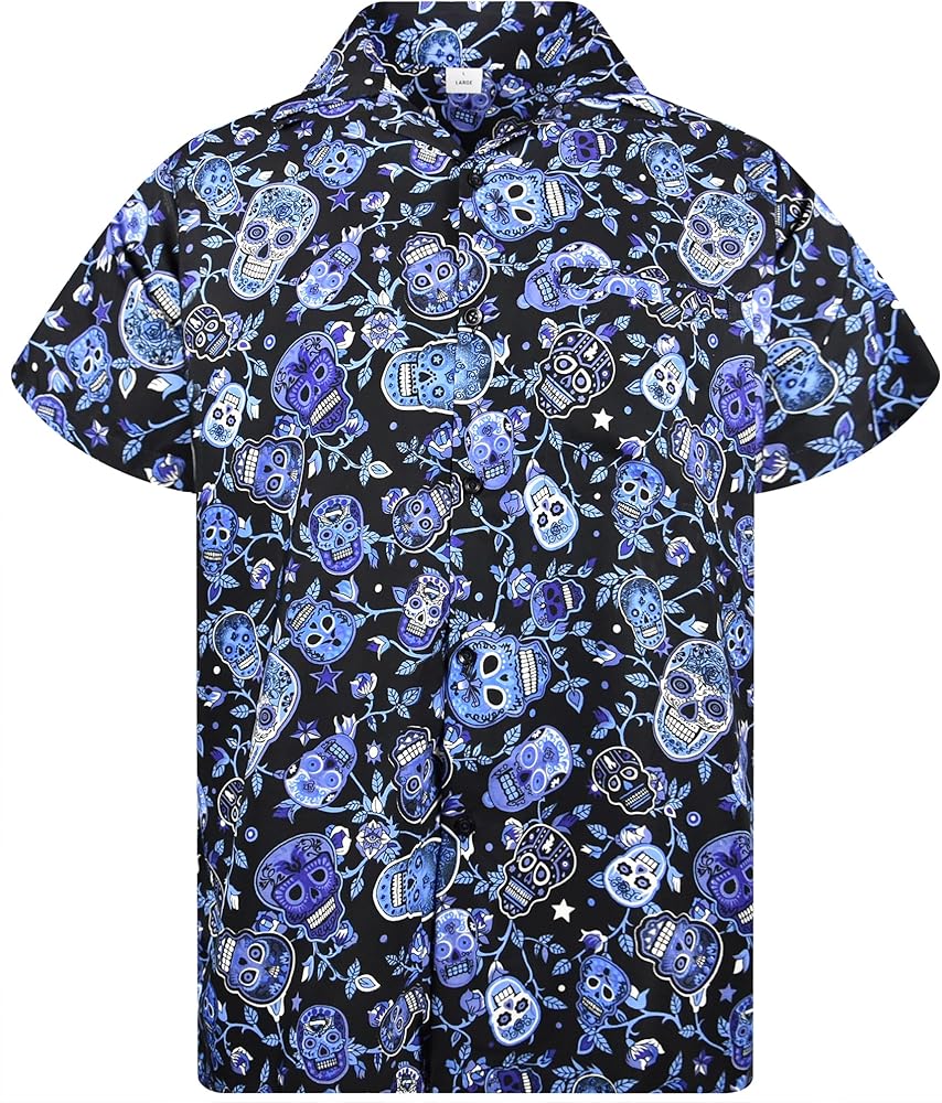 KING KAMEHA Hawaiian Shirt Men Funky Casual Button Down Shortsleeve Unisex Halloween Day of The Dead Party Skulls Print NEW