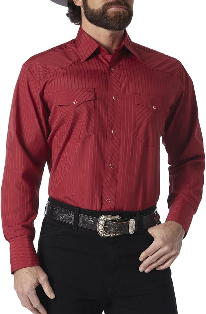 Wrangler Men's Tall Sport Western Snap Shirt Dobby Stripe, Wine, X-Large Tall