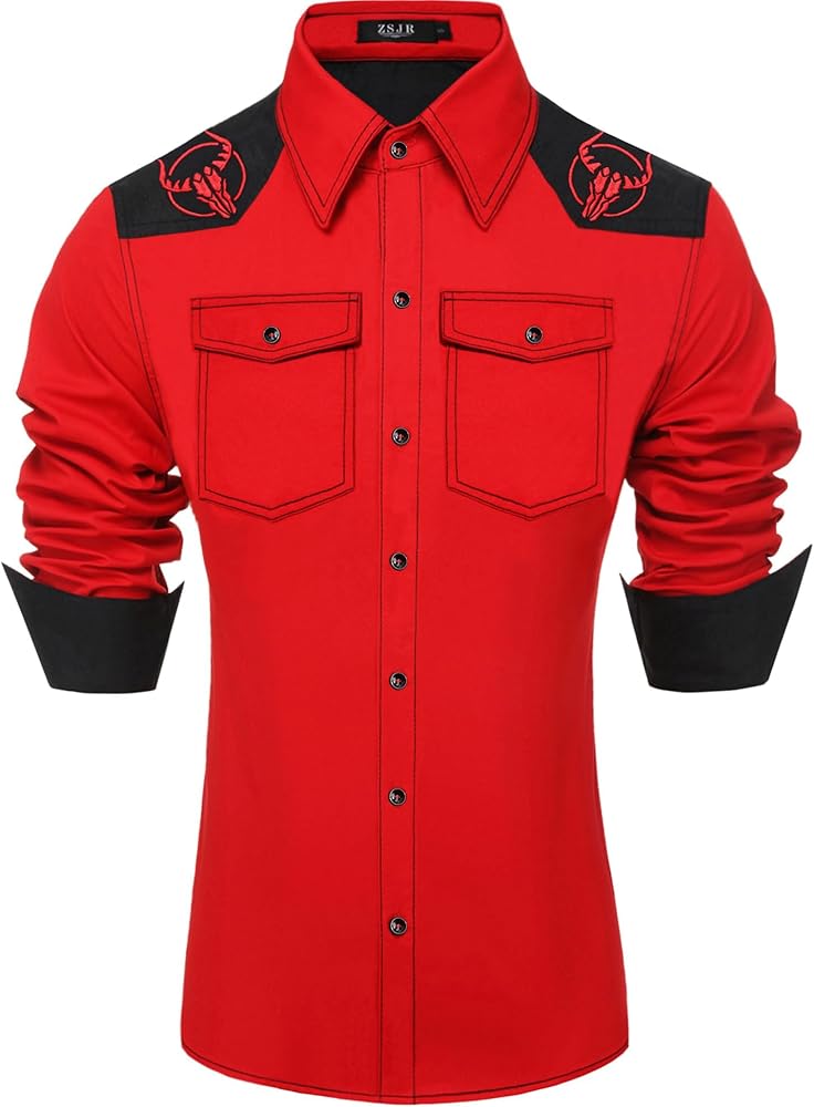 Men's Western Cowboy Shirt Long Sleeve Embroidered Casual Button Down Shirt