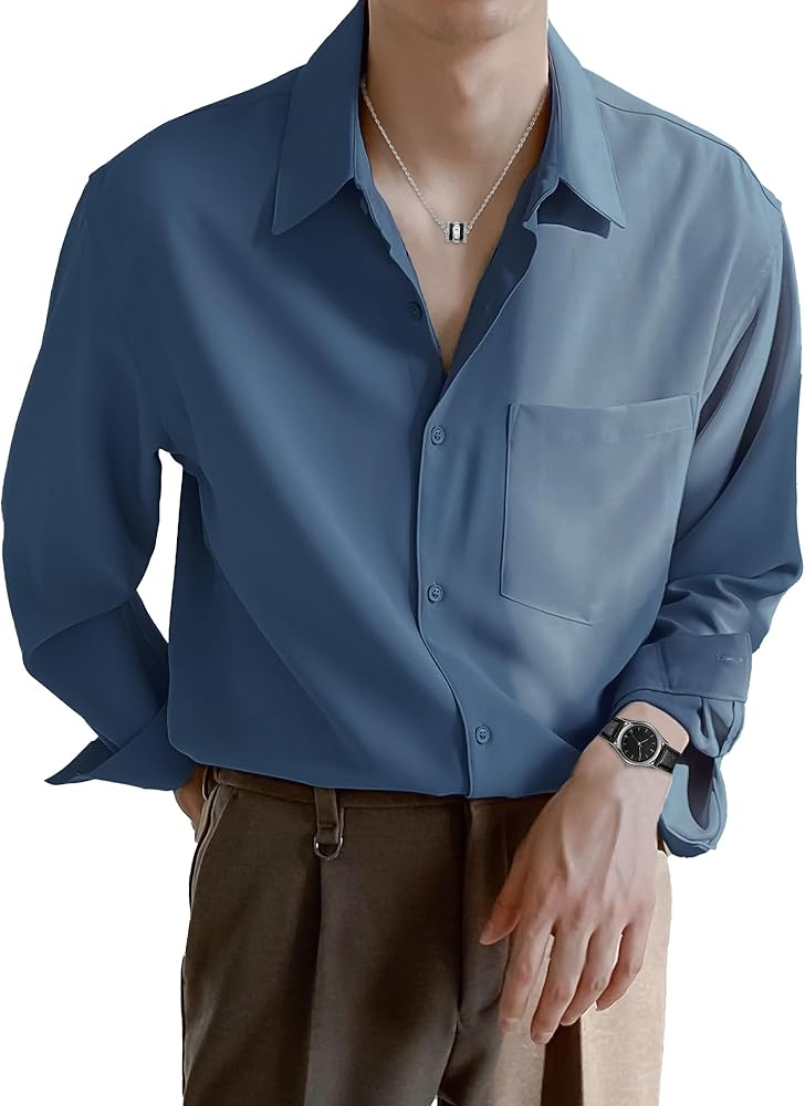 Men's Shiny Satin Casual Shirts Long Sleeve Button Down Luxury Silk Shirt Drop Shoulder Relaxed Fit Prom Party Shirt