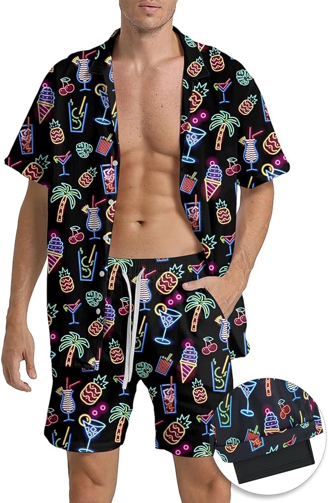 Cozople Men's Hawaiian Shirts and Shorts Sets 2 Pieces Outfits Button Down Shirt Beach Shorts with Compression Liner