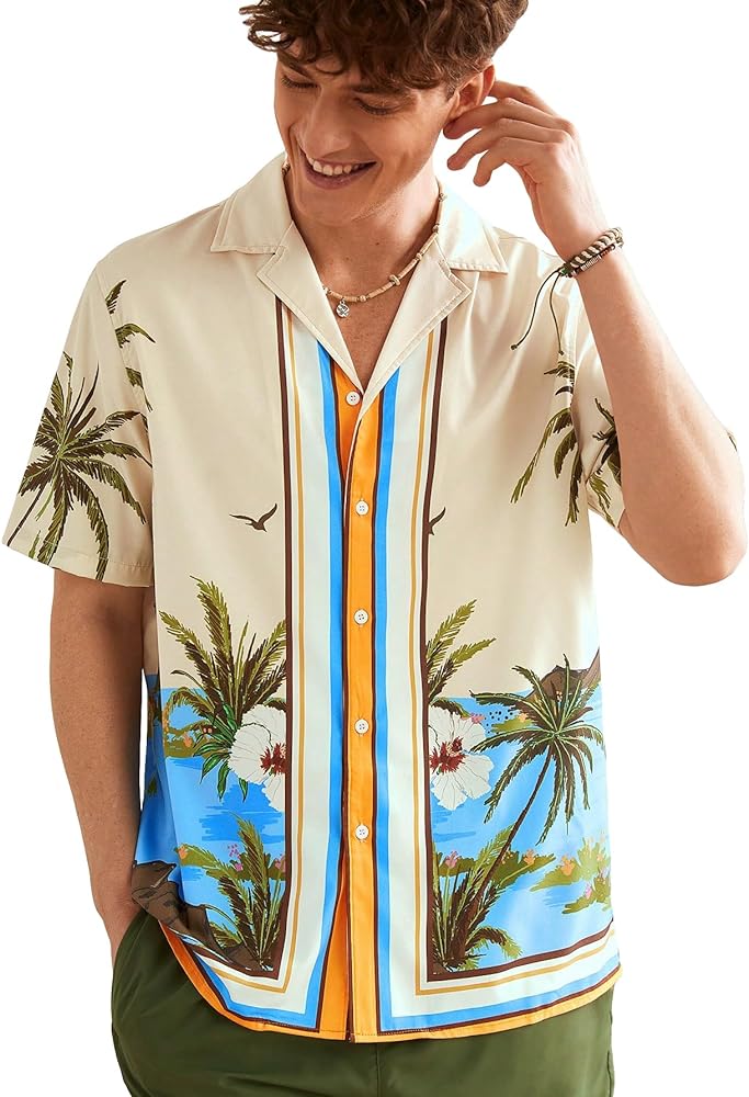 Floerns Men's Tropical Print Button Down Short Sleeve Summer Beach Shirts