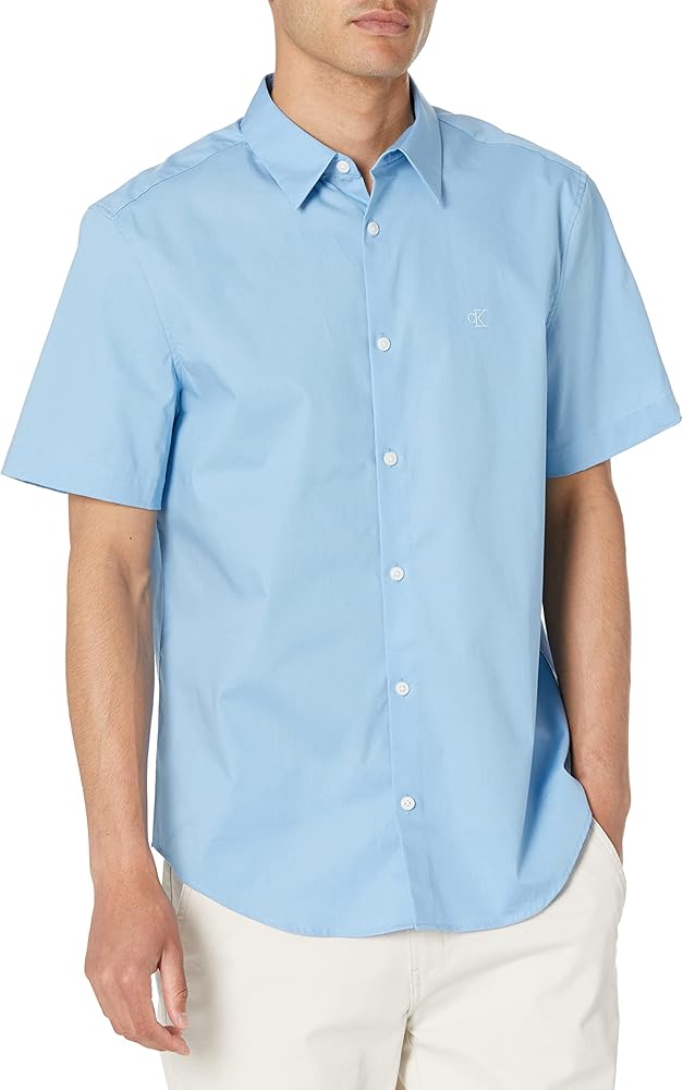 Calvin Klein Men's Stretch Cotton Monogram Logo Short Sleeve Button Down Shirt