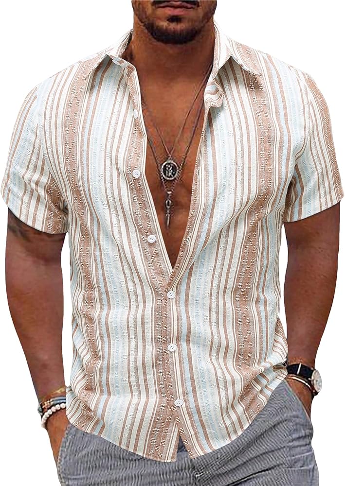 Verdusa Men's Casual Short Sleeve Button Down Striped Shirts Summer Tops