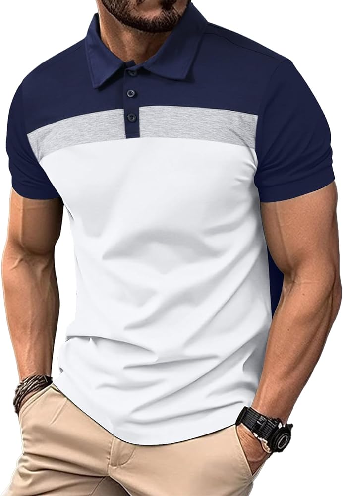 Lexiart Mens Fashion Golf Polo Shirts Short Sleeve Color Block Polo Shirt Basic Cotton Golf Shirts