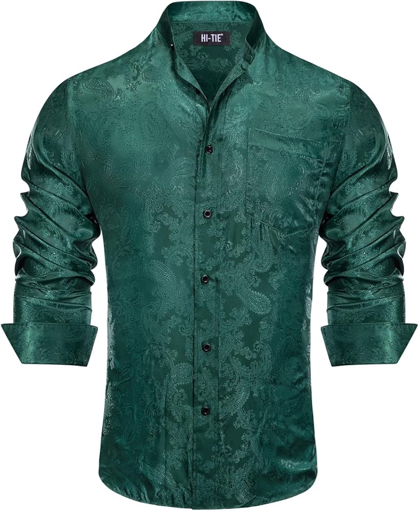 Hi-Tie Men's Dark Green Dress Shirt Mandarin Collar Paisley Regular Fit Long Sleeve Button Down Shirt for Formal Dinner Prom