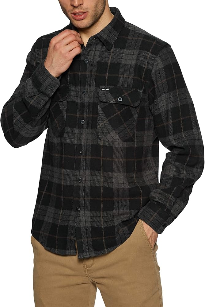 Brixton mens Bowery L/S Flannel Button Down Shirt, Black/Charcoal, X-Large US