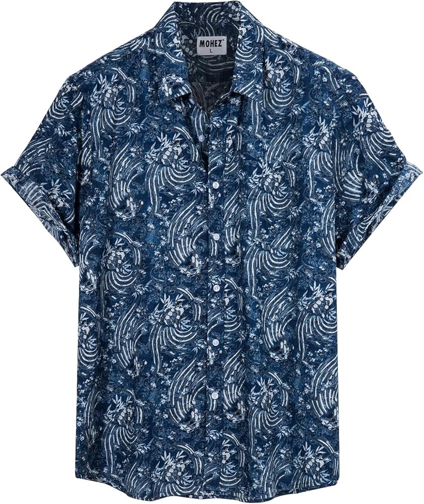 Mens Casual Hawaiian Shirts Front Pocket Summer Floral Shirt Short Sleeve Button Down Tropical Beach Shirts