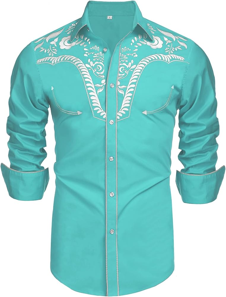 Daupanzees Men's Long Sleeve Embroidered Shirts Slim Fit Casual Button Down Shirt