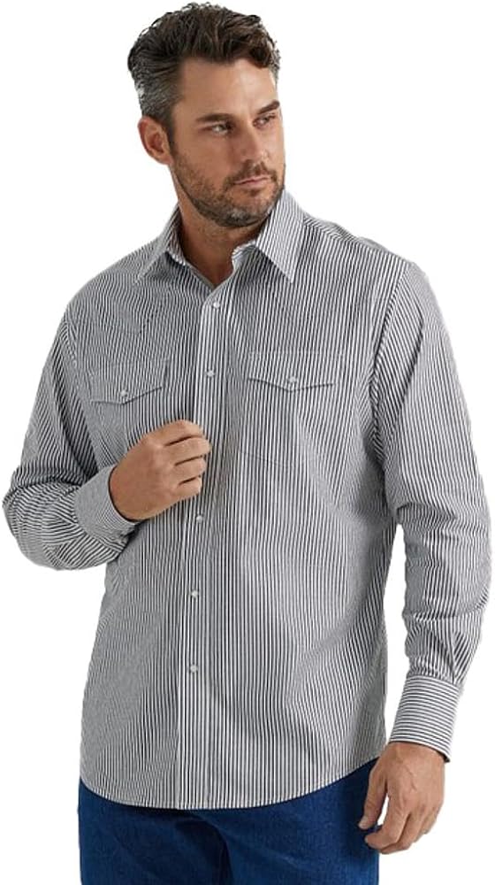 Wrangler Men's Wrinkle Resist Long Sleeve Classic Fit Shirt - Black Pinstripe