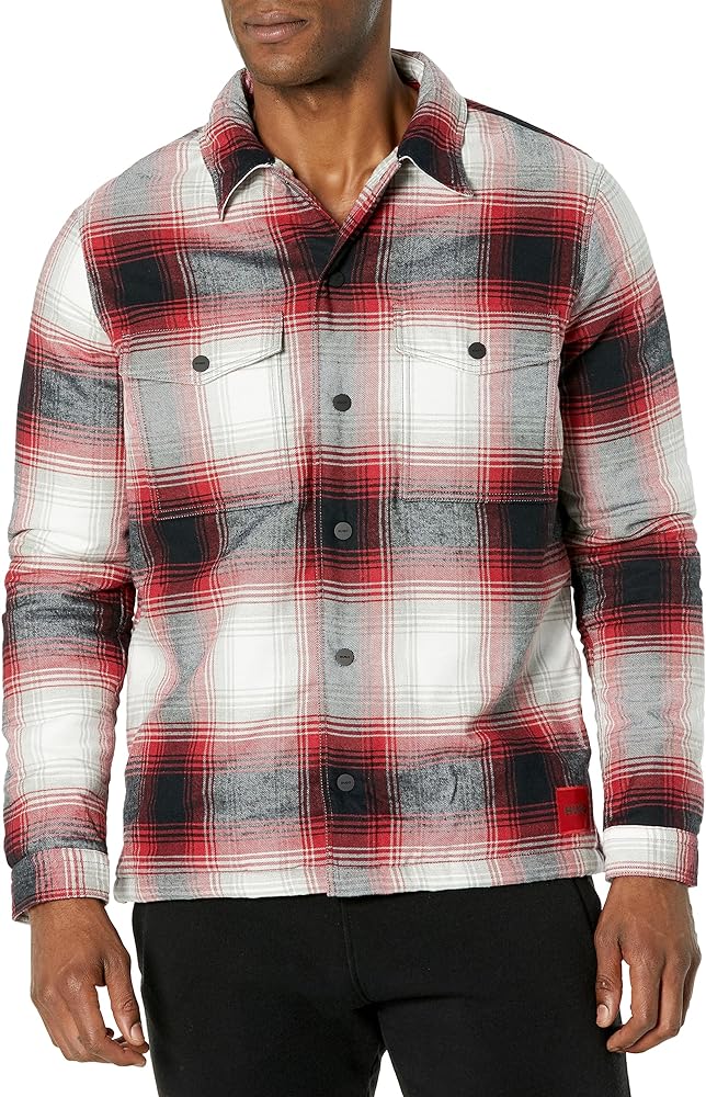 HUGO Boss Mens Washed Twill Patch Pockets Overshirt Work Utility Button Down Shirt, Light Smoke Flannel, Medium US