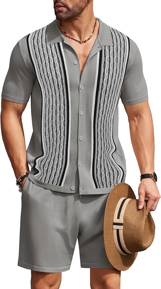 COOFANDY Men's 2 Piece Outfit Vintage Short Sleeve Button Down Knit Polo Shirts Casual Beach Shorts Sets