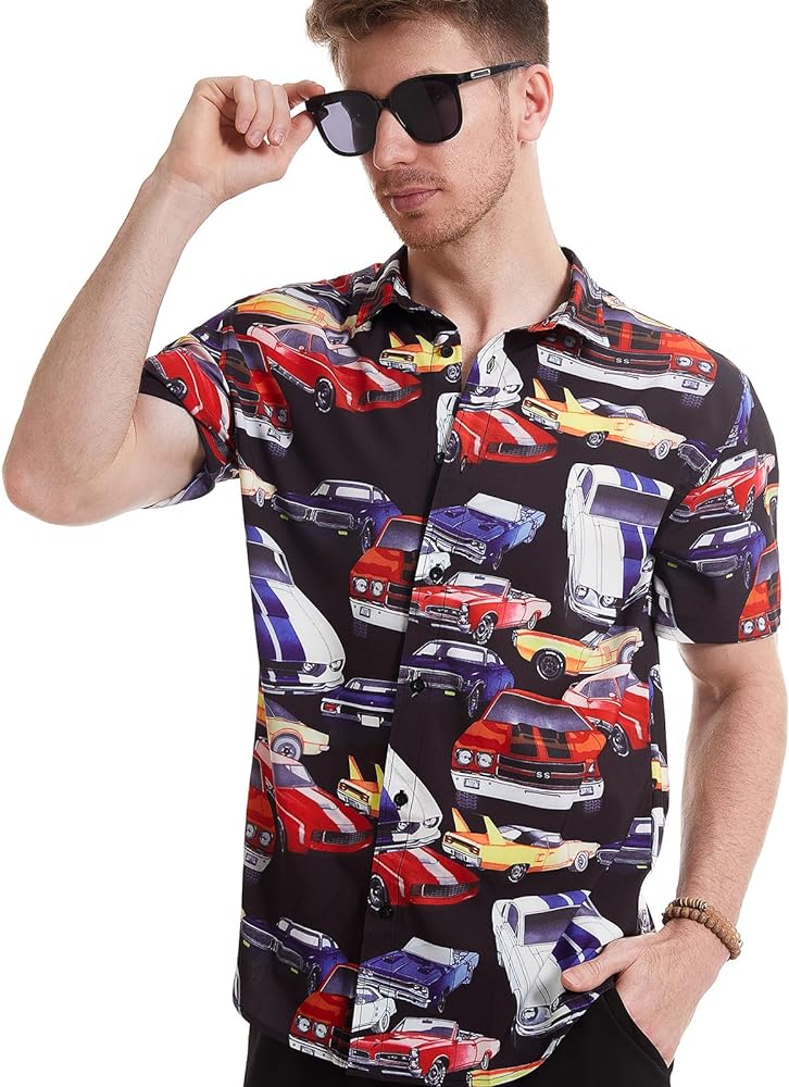 Men's Food Cars Print Shirts Hawaiian Short Sleeve Casual Tropical Funky Button Down Shirt