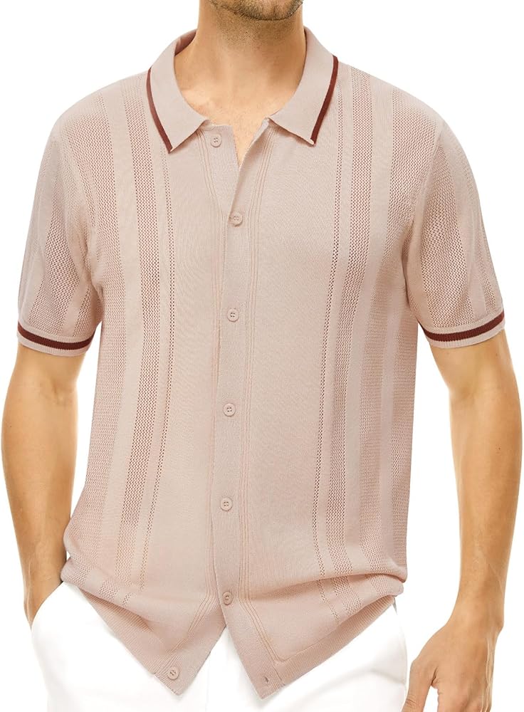 Mens Knit Polo Shirts Short Sleeve Textured Pullover Polo Sweater Button Down Lightweight Golf Shirts for Summer S-XXL