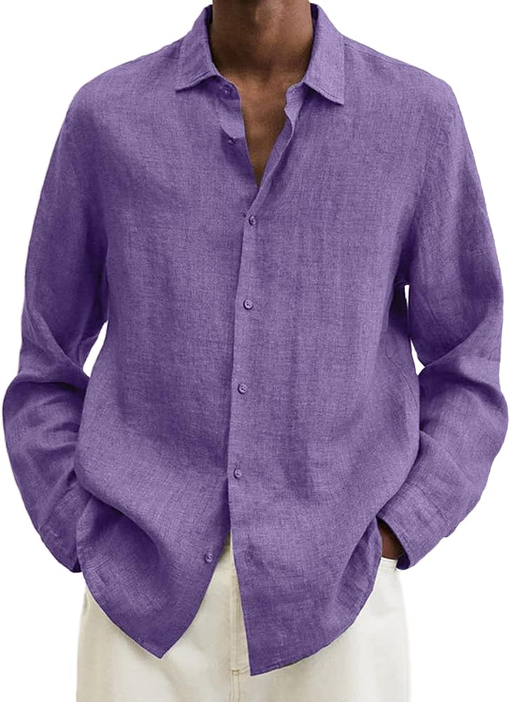 Mens Button Down Long Sleeve Shirts Casual Stylish Solid Cotton Linen Shirts for Men