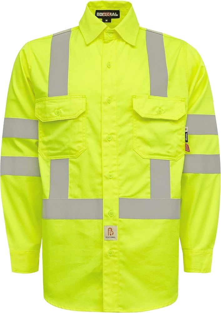 BOCOMAL FR Shirts High Visibility Hi Vis Lightweight Silver Tape Flame Resistant/Fire Retardant 6.5oz Refective Work Shirts