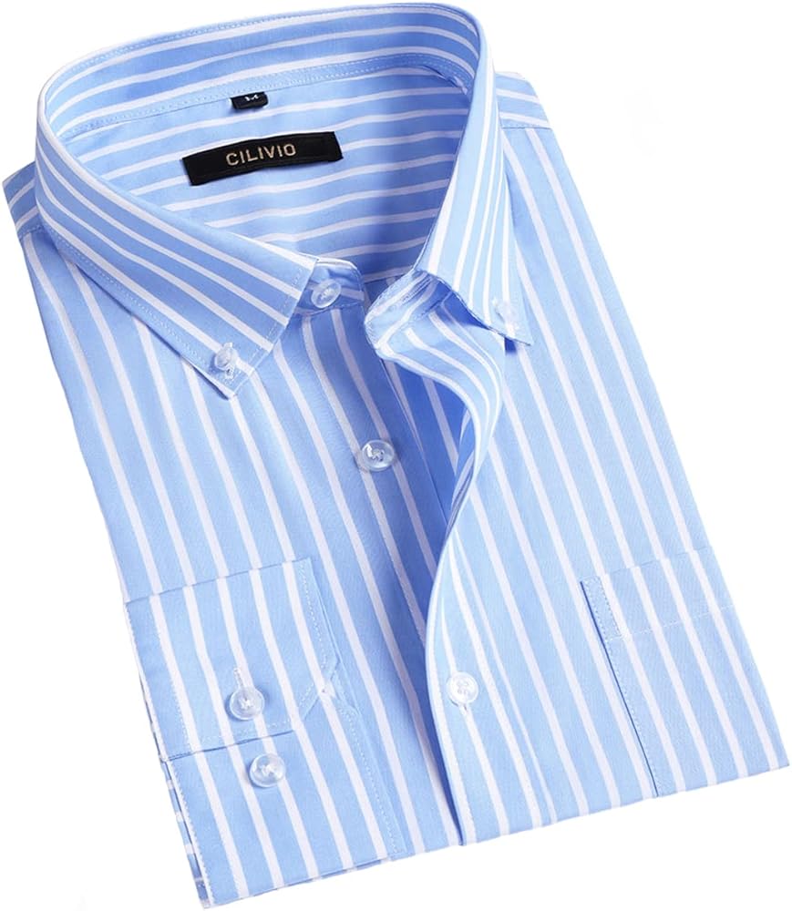 Men's 100% Cotton Striped Dress Shirt Regular Fit Long Sleeve Button-Down Busines Casual Shirt