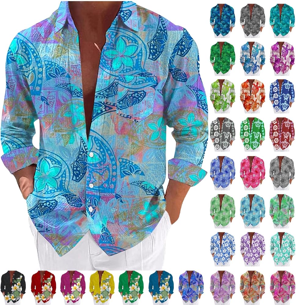 Mens Shirts Long Sleeve Casual Button Down Ocean Turtle Animals Flower Shirts Big Tall Hawaiian Shirt Graphic Tee