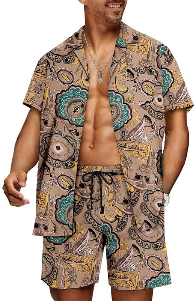 JMIERR Men Hawaiian Matching Set, Casual Summer Beach 2 Piece Outfits Button Down Short Sleeve Shirts and Shorts