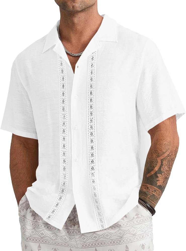 Runcati Mens Linen Cuban Guayabera Shirt Short Sleeve Button Down Casual Lightweight Mexican Summer Beach Tops