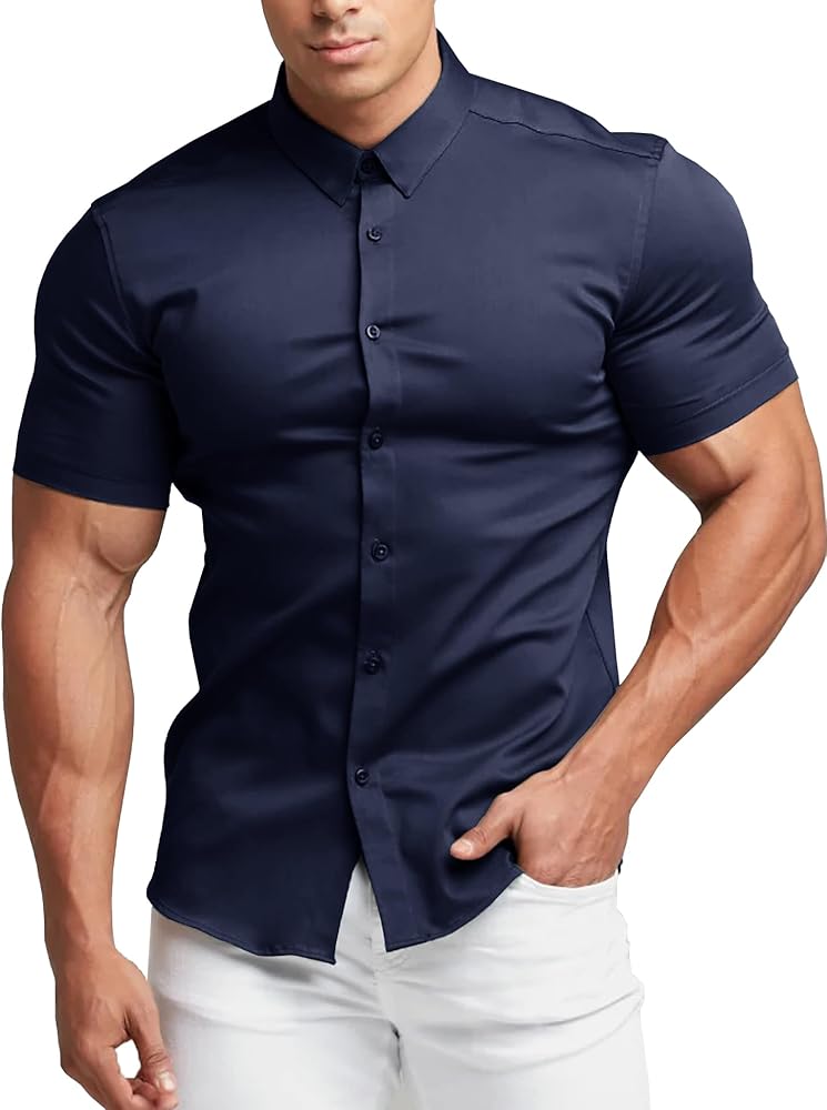 Men's Short Sleeve Muscle Dress Shirts Slim Fit Stretch Casual Button Down Shirts