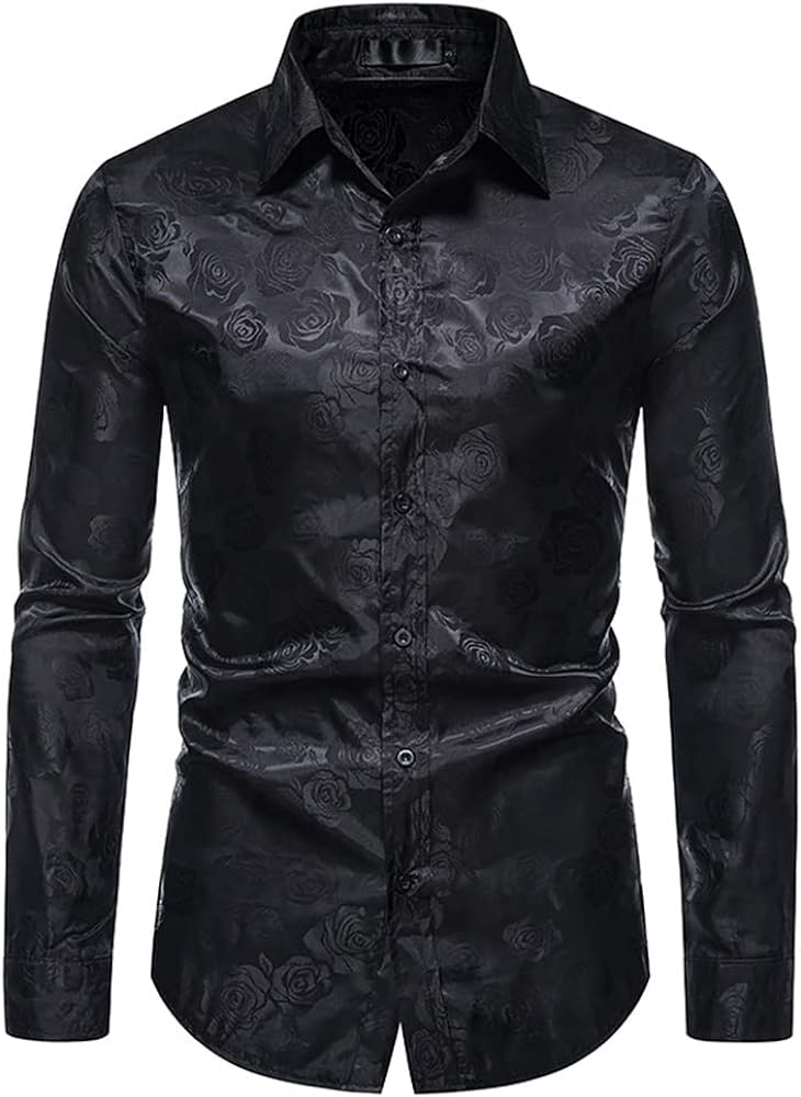 Cloudstyle Mens Floral Shirt Rose Printed Long Sleeve Dress Shirt Porm Wedding Button Down Shirt