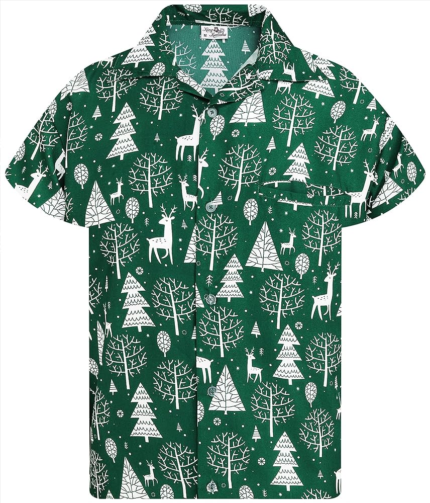 KING KAMEHA Men Christmas Santa-Claus Office-Party Short-Sleeve Button-Down Shirts