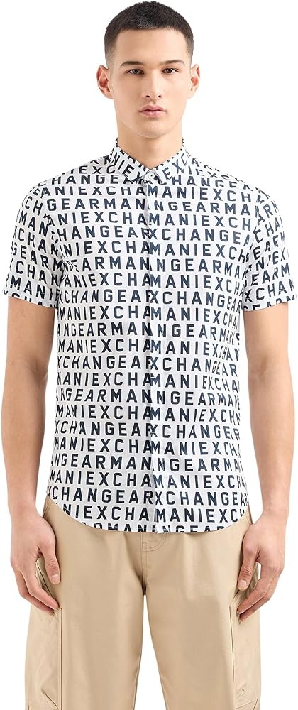 Armani Exchange Men's Short Sleeve A|x Text Print Button Down Shirt. Slim Fit