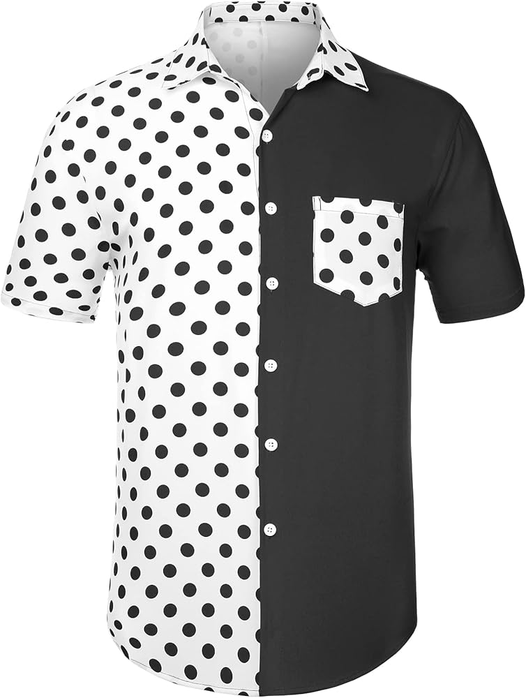 Lars Amadeus Men's Summer Polka Dots Short Sleeves Button Down Patchwork Beach Shirt