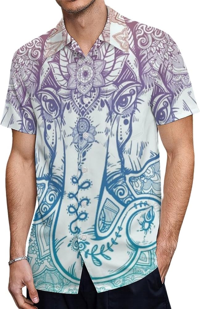 Floral Paisley Elephant Head Pattern Men's Shirt Button Down Short Sleeve Dress Shirts Casual Beach Tops for Office Travel