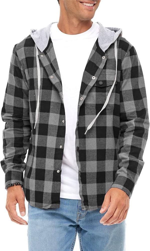 JMIERR Mens Casual Long Sleeve Button Down Hooded Flannel Shirts for Men Lightweight Drawstring Hooded Jackets Shirt