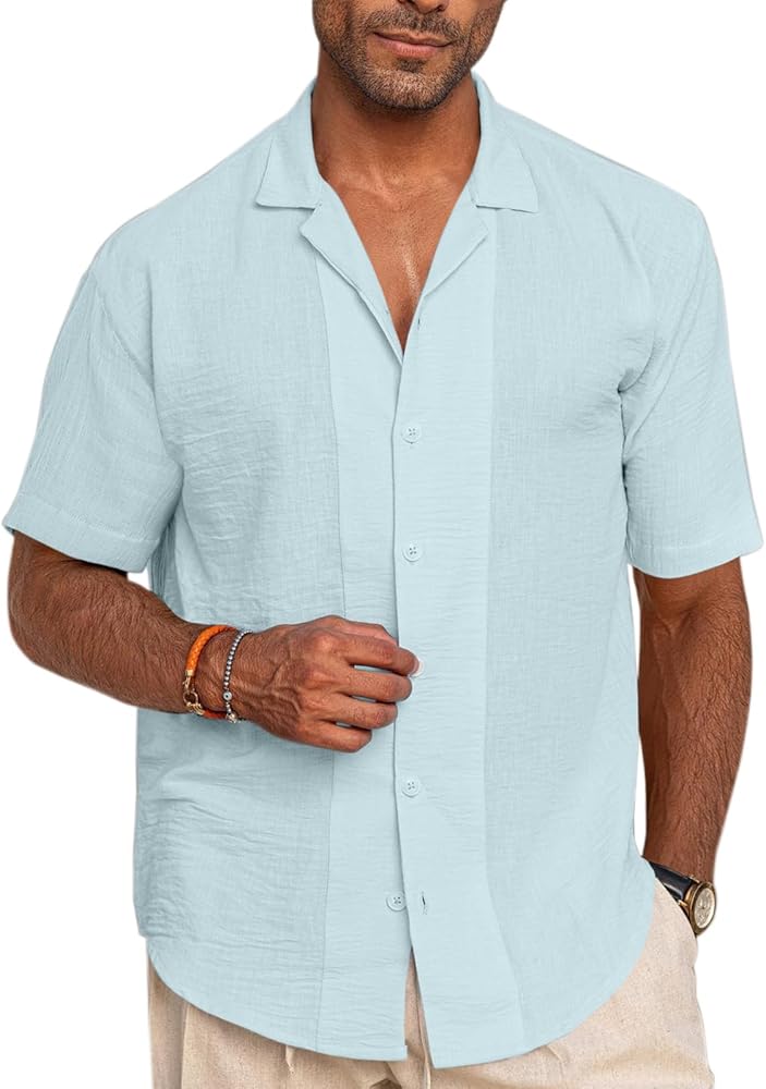 Mens Casual Button Down Shirts Short Sleeve Cuban Collar Shirts Summer Wedding Shirts