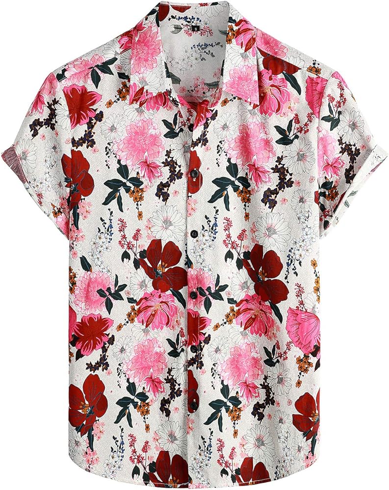 VATPAVE Mens 100% Cotton Hawaiian Shirts Flower Short Sleeve Button Down Regular Fit Beach Shirts Summer Casual Aloha Shirts Small Pink Tropical