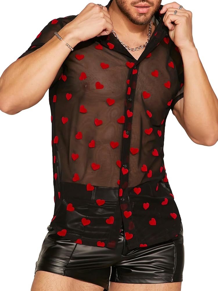 Verdusa Men's See Through Mesh Button Up Shirts See Through Heart Print Short Sleeve Top