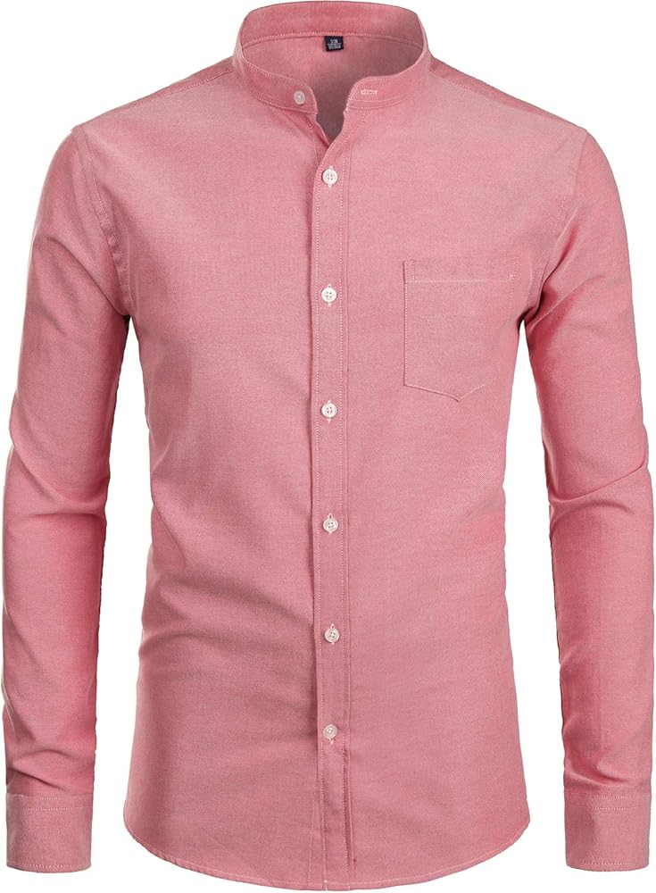 ZEROYAA Men's Hipster Mandarin Collar Long Sleeve Button Up Oxford Shirts with Chest Pocket