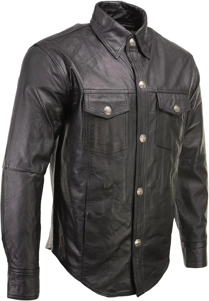 Xelement XS908B Men's 'Nickel' Black Leather Casual Biker Rider Shirt with Vintage Buffalo Buttons - Large