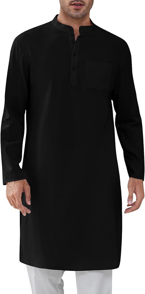 Gafeng Mens Kaftan Robe Button Down Long Sleeve Henley Cotton Thobe Casual Side Split Gown Shirt