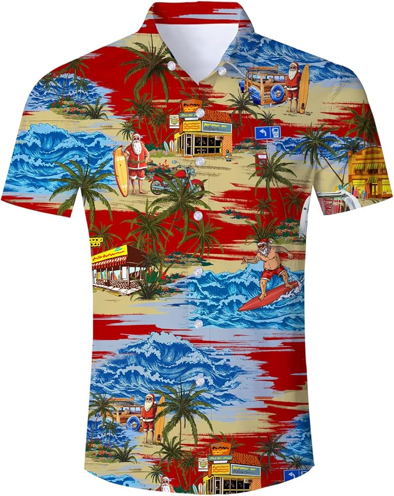 uideazone Mens Ugly Christmas Hawaiian Shirts Santa Claus Party Tropical Shirt M-4XL