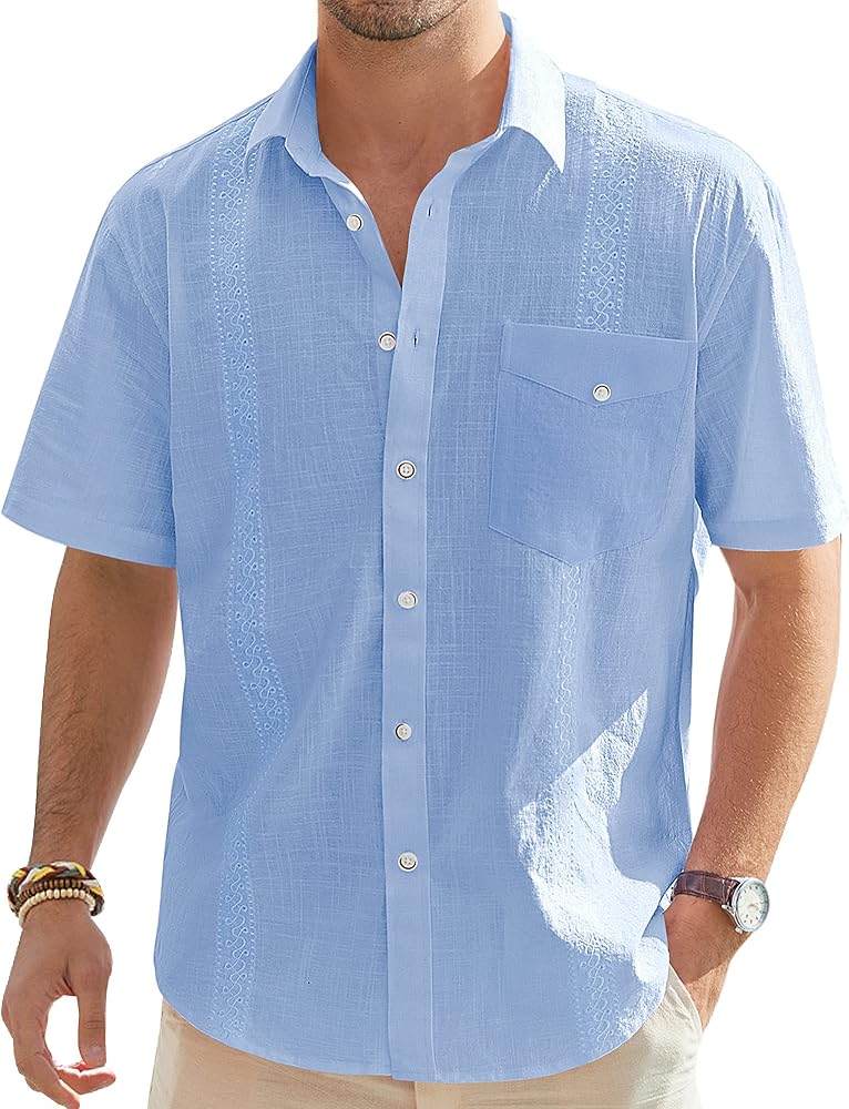 J.VER Men's Linen Cotton Shirt Casual Button Up Short Sleeve Embroidery Shirt with Pocket